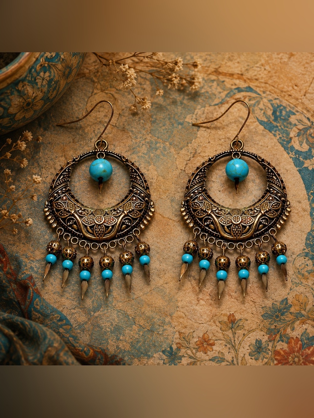 Boho Crescent Earrings | Turquoise Dangle | Antique Bronze Statement